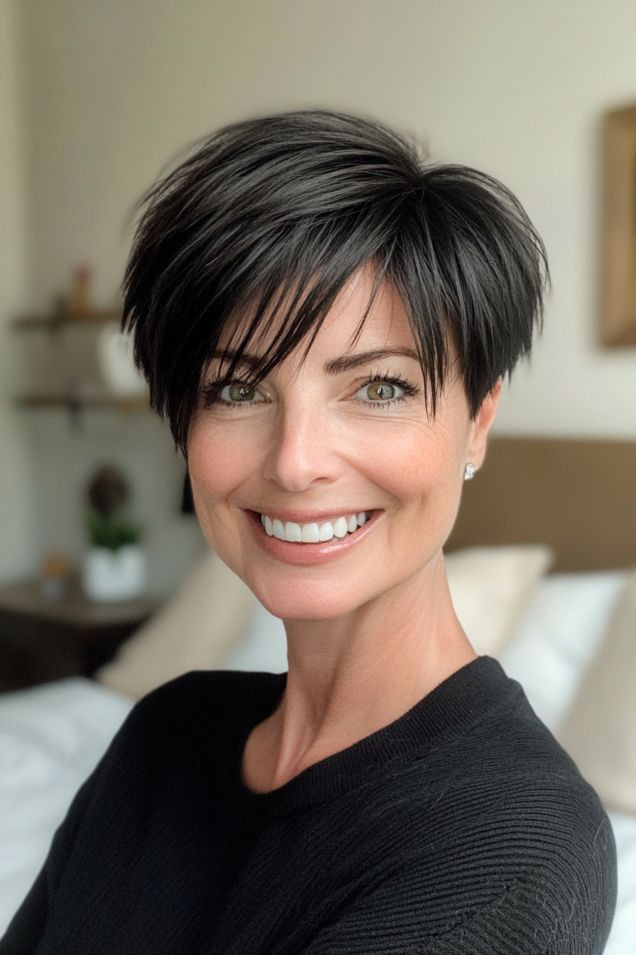 16. Edgy Pixie with Side Bangs in Soft Black (Short Hairstyles For Women Over 50 With Fine Hair) - Short Hairstyles For Women Over 50 With Fine Hair