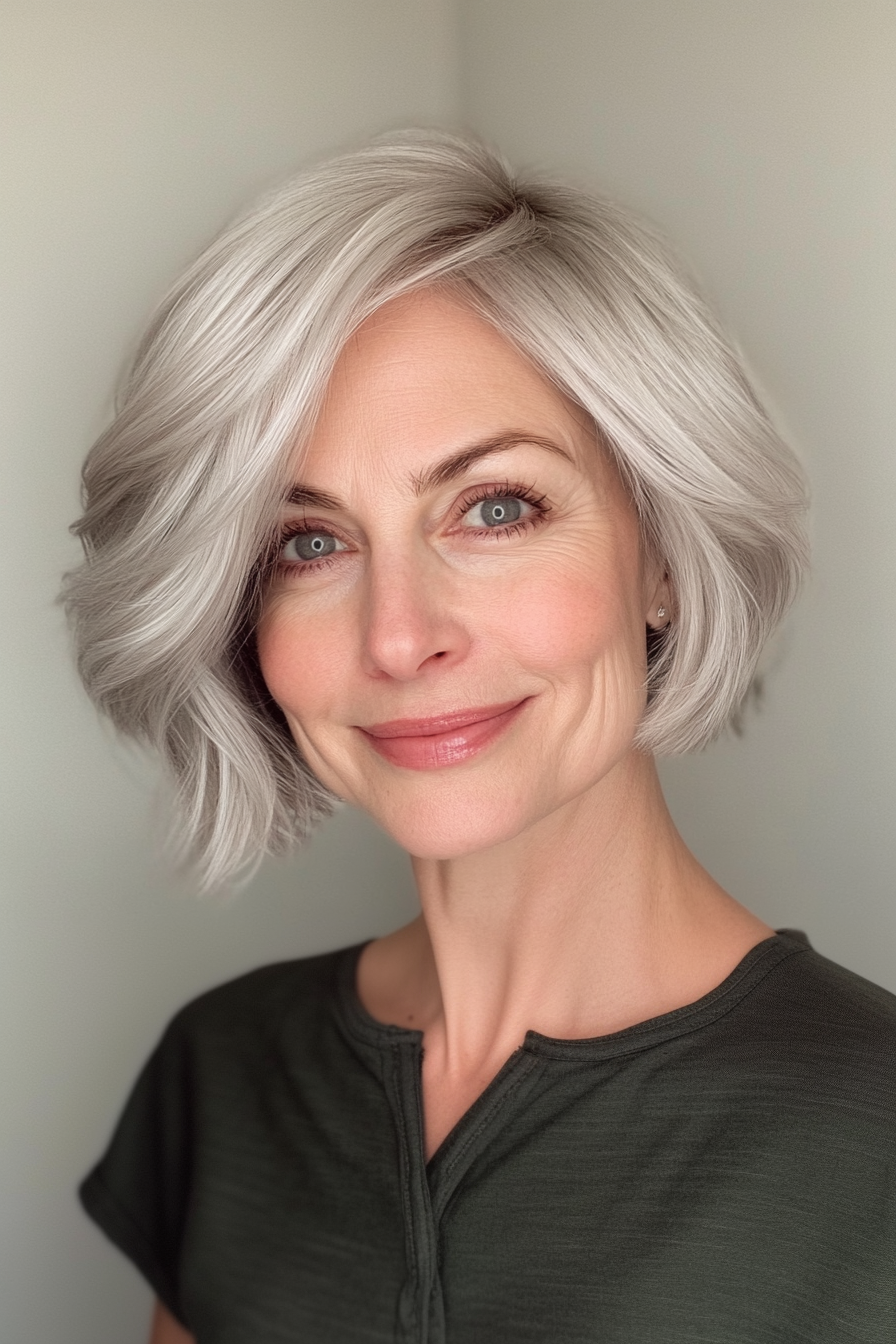 17. Curved Bob in Silver Blonde (Short Hairstyles For Women Over 50 With Fine Hair) - Short Hairstyles For Women Over 50 With Fine Hair
