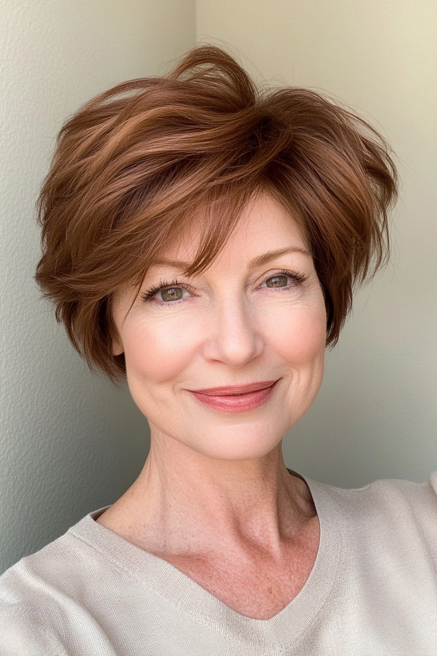 18. Fluffy Crop in Medium Chestnut Brown (Short Hairstyles For Women Over 50 With Fine Hair) - Short Hairstyles For Women Over 50 With Fine Hair