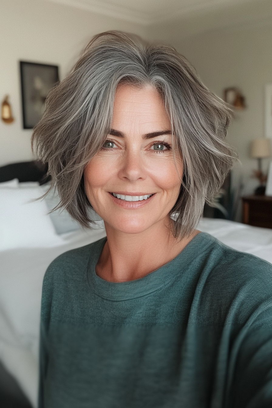 20. Tousled Bob in Smoky Gray (Short Hairstyles For Women Over 50 With Fine Hair) - Short Hairstyles For Women Over 50 With Fine Hair