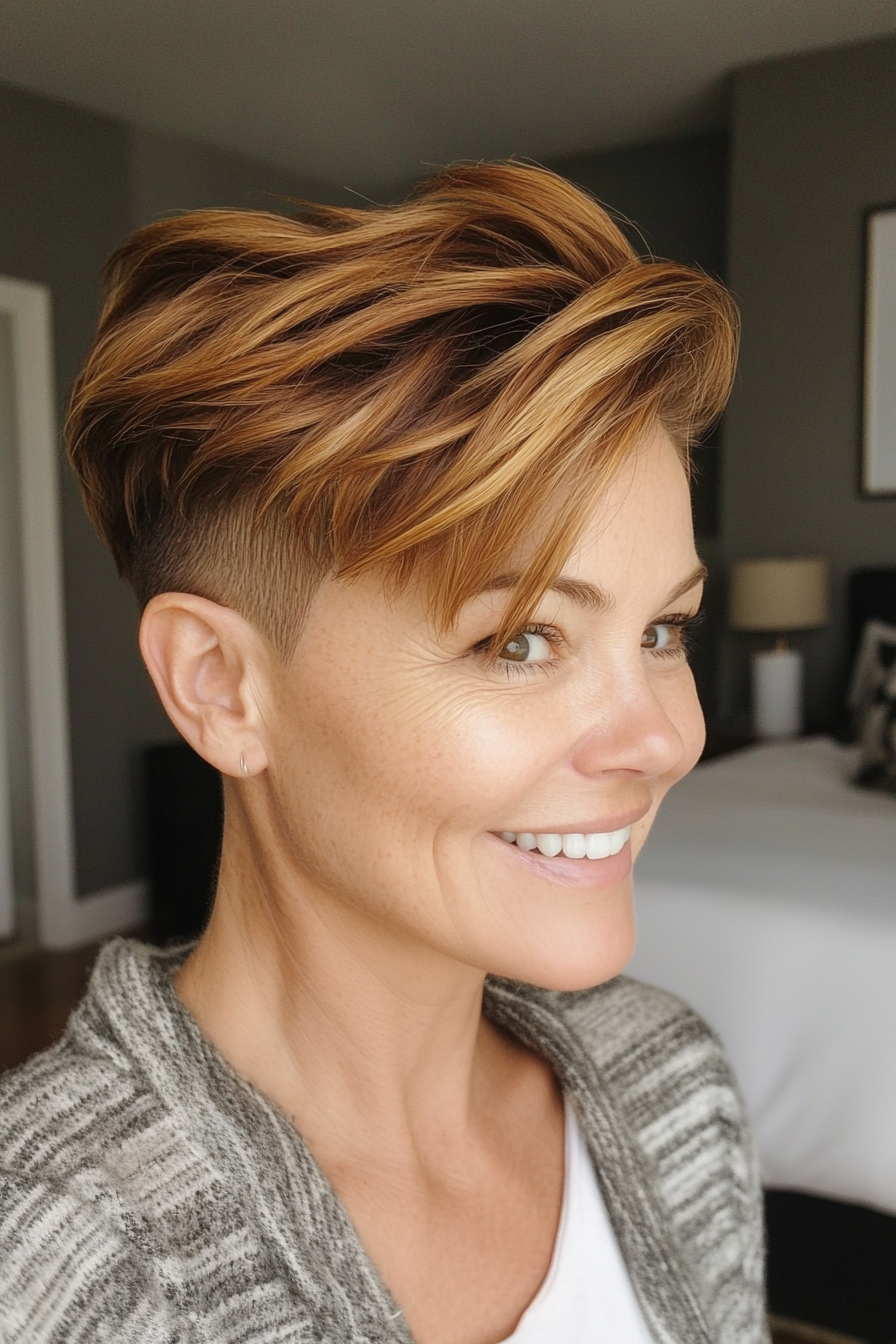 21. Undercut Pixie in Golden Brown (Short Hairstyles For Women Over 50 With Fine Hair) - Short Hairstyles For Women Over 50 With Fine Hair