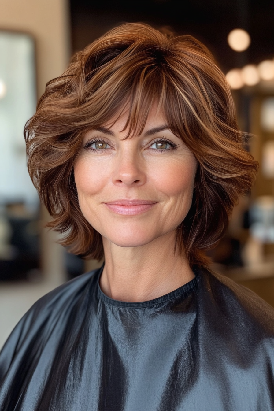 24. Voluminous Shag in Warm Cinnamon Brown (Short Hairstyles For Women Over 50 With Fine Hair) - Short Hairstyles For Women Over 50 With Fine Hair