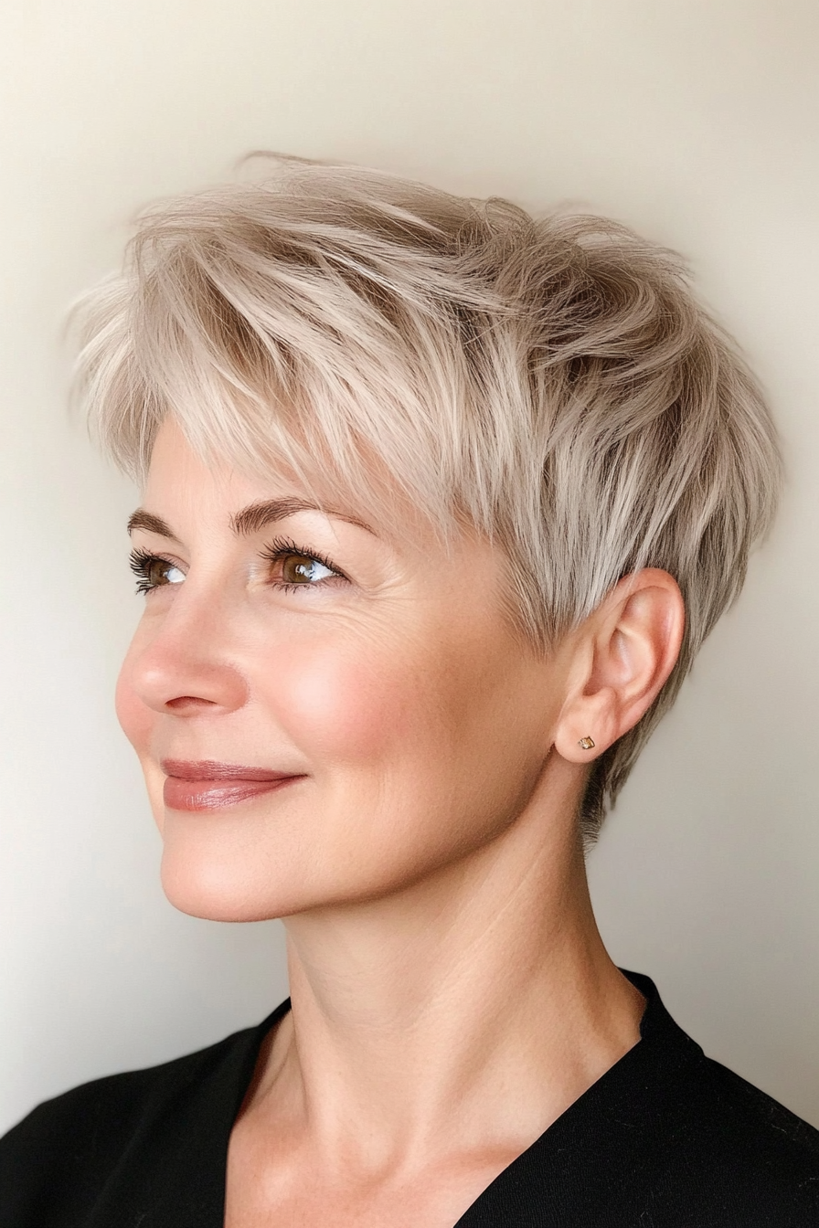 25. Soft Pixie with Layered Crown in Icy Blonde (Short Hairstyles For Women Over 50 With Fine Hair) - Short Hairstyles For Women Over 50 With Fine Hair