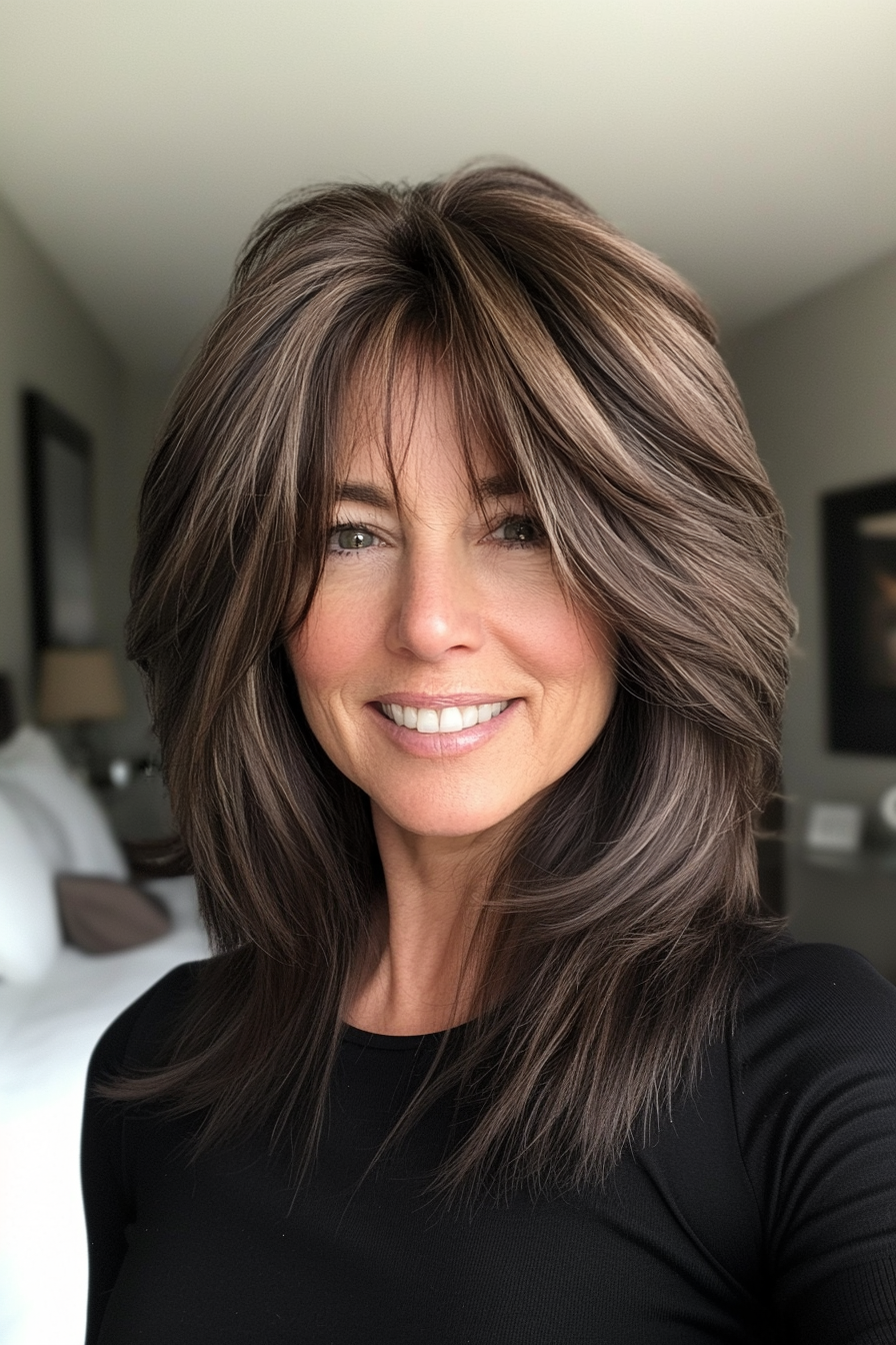 2. Feathered Lob in Deep Espresso (Mid Length Haircuts For Women Over 50) - Mid Length Haircuts For Women Over 50