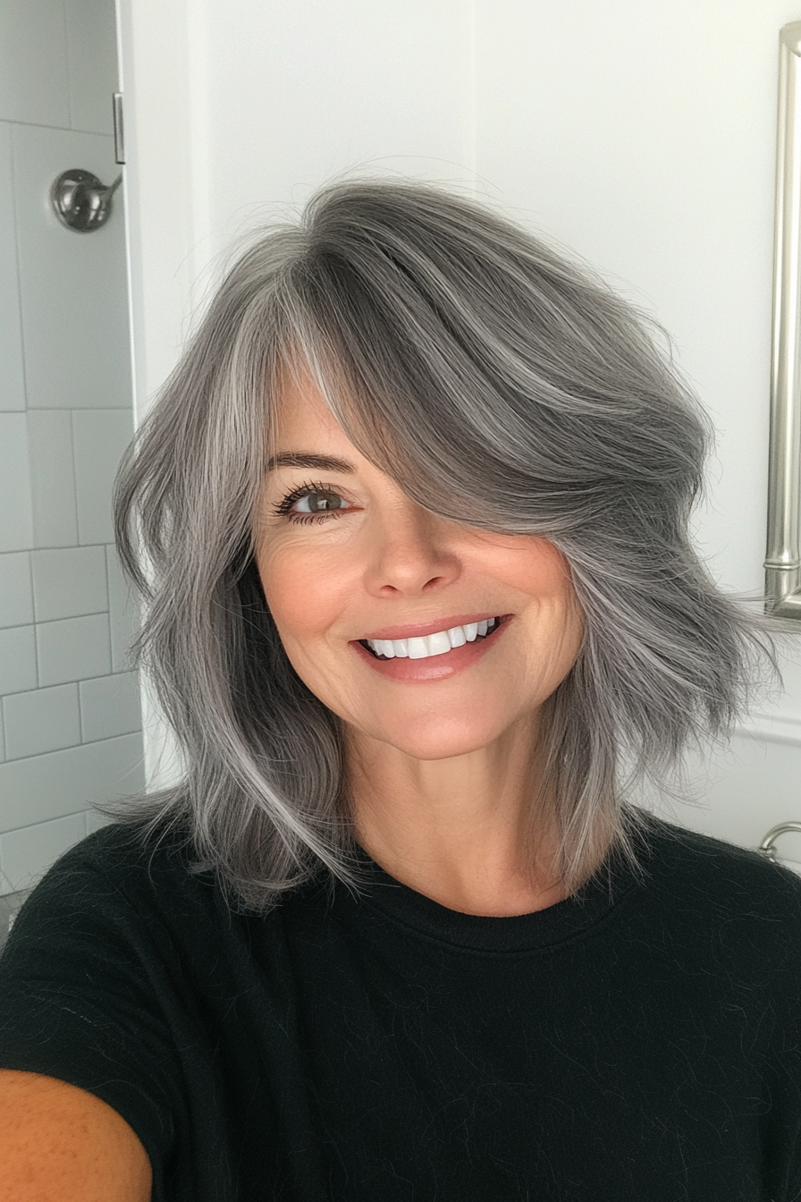 6. Choppy Lob with Curtain Bangs in Smoky Gray (Mid Length Haircuts For Women Over 50) - Mid Length Haircuts For Women Over 50