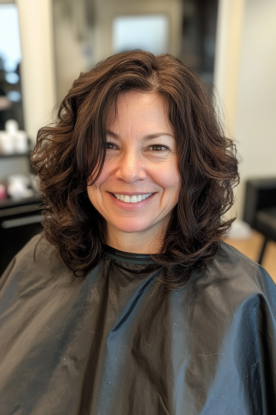 7. Shoulder-Length Curls in Dark Chocolate Brown (Mid Length Haircuts For Women Over 50) - Mid Length Haircuts For Women Over 50