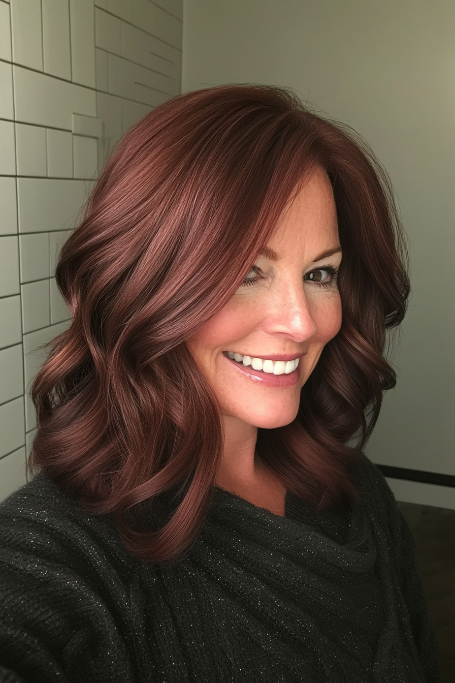 10. Shoulder-Length Soft Waves in Deep Mahogany (Mid Length Haircuts For Women Over 50) - Mid Length Haircuts For Women Over 50