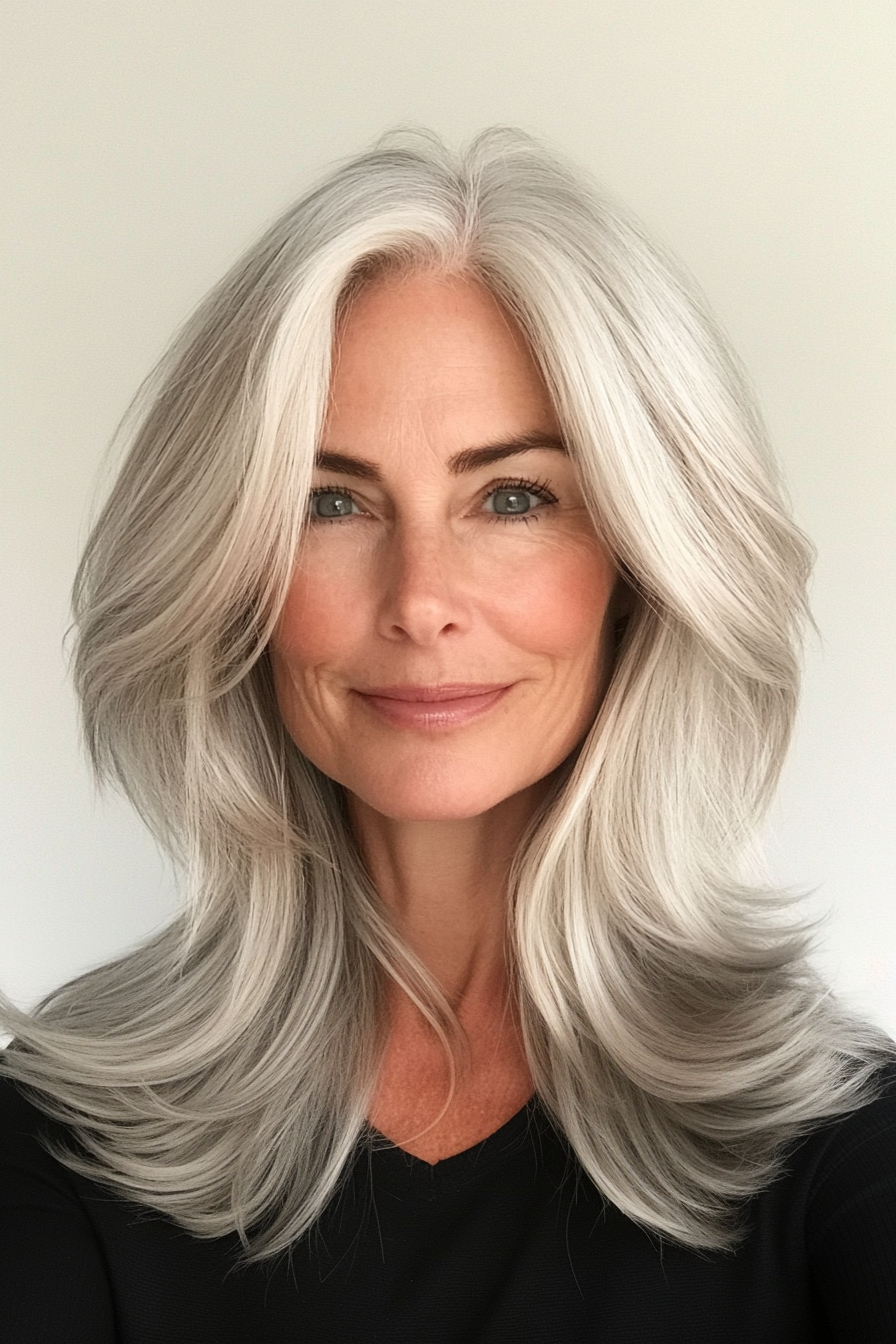 11. Face-Framing Layers in Silver Blonde (Mid Length Haircuts For Women Over 50) - Mid Length Haircuts For Women Over 50