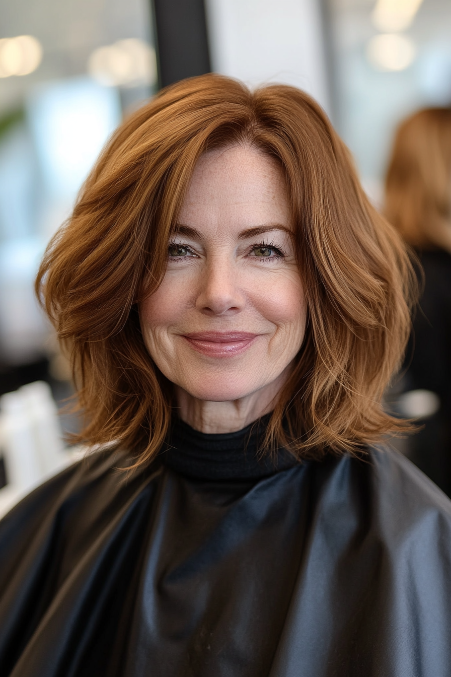 12. Tousled Shoulder-Length Bob in Warm Cinnamon Brunette (Mid Length Haircuts For Women Over 50) - Mid Length Haircuts For Women Over 50