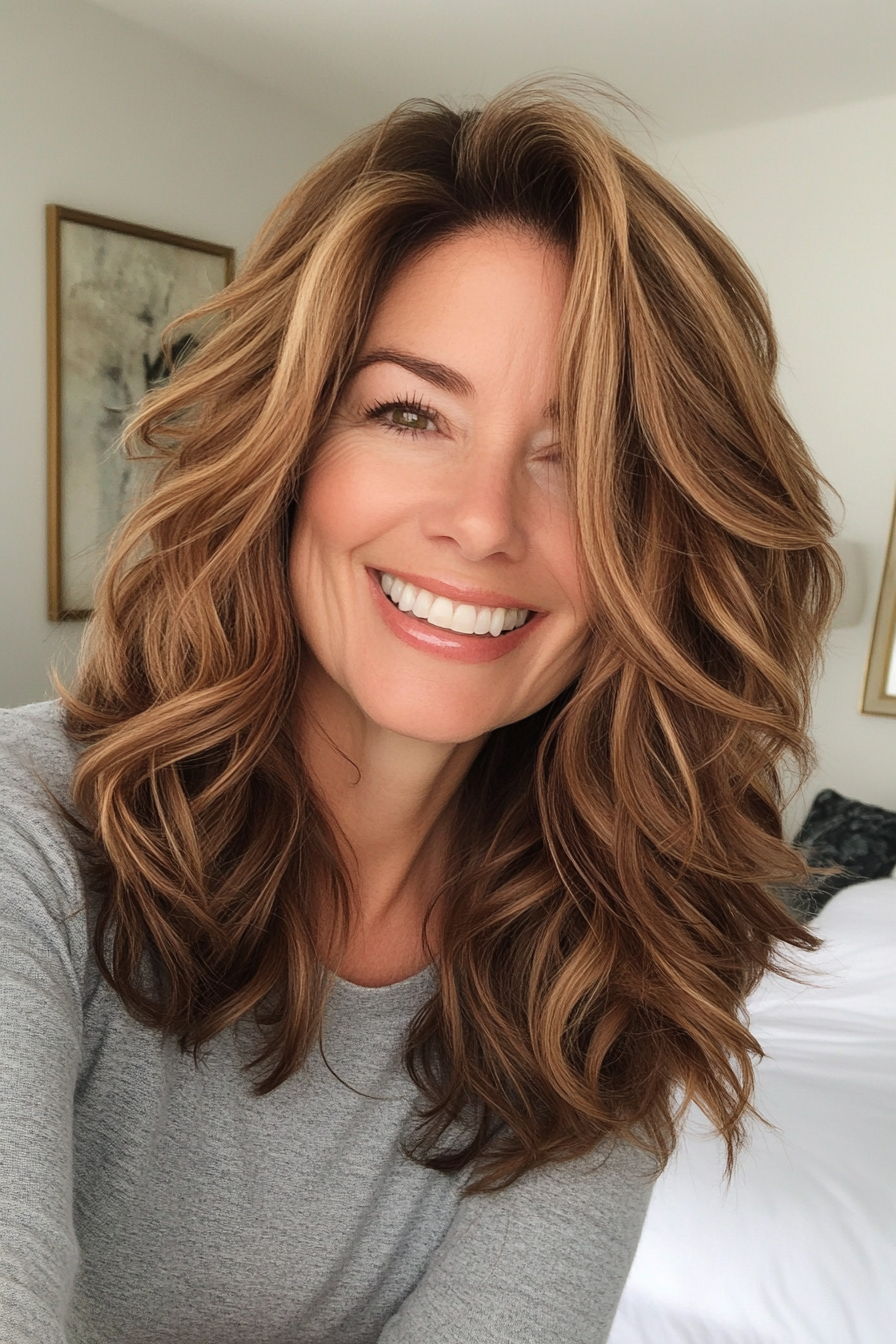 13. Wavy Layered Cut in Neutral Chestnut Brown (Mid Length Haircuts For Women Over 50) - Mid Length Haircuts For Women Over 50