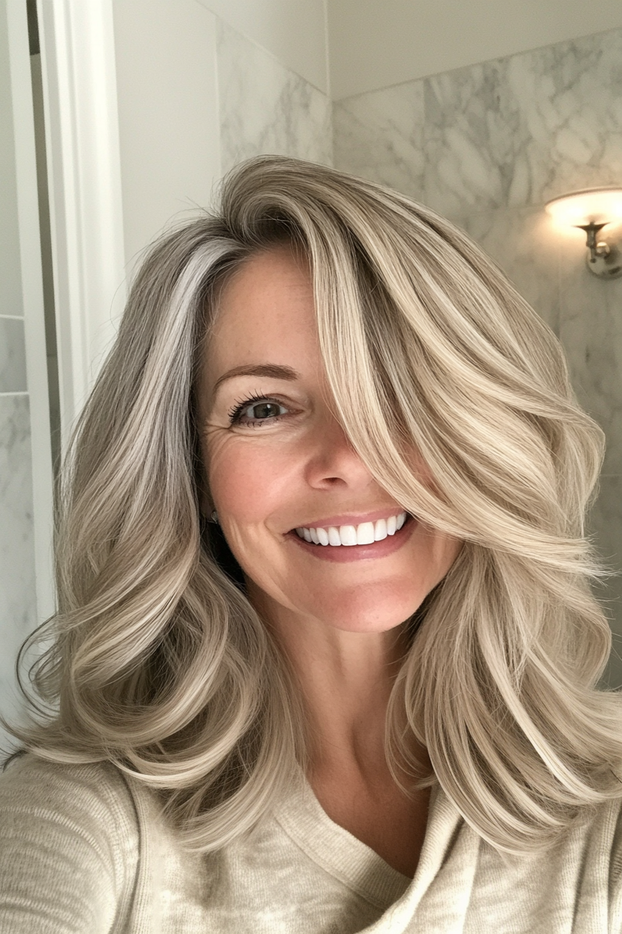 14. Shoulder-Length Flicked Layers in Natural Ash Blonde (Mid Length Haircuts For Women Over 50) - Mid Length Haircuts For Women Over 50