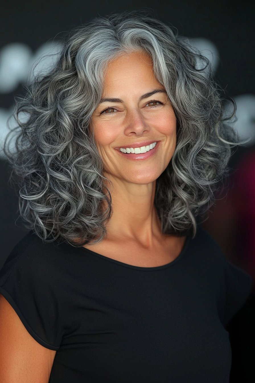 15. Voluminous Curly Lob in Soft Charcoal Gray (Mid Length Haircuts For Women Over 50) - Mid Length Haircuts For Women Over 50
