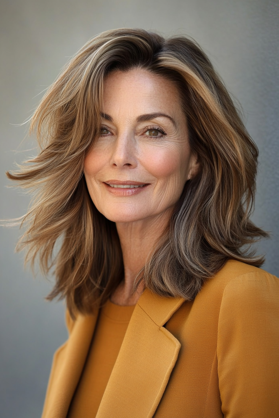 17. Windswept Mid-Length Cut in Golden Caramel (Mid Length Haircuts For Women Over 50) - Mid Length Haircuts For Women Over 50
