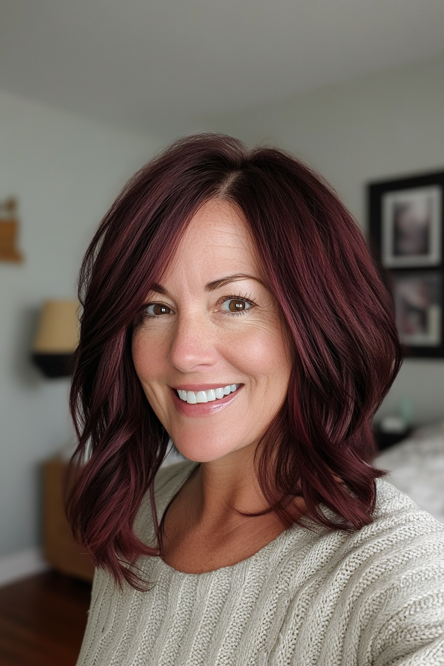 18. Textured Shoulder-Length Cut in Deep Burgundy Brown (Mid Length Haircuts For Women Over 50) - Mid Length Haircuts For Women Over 50