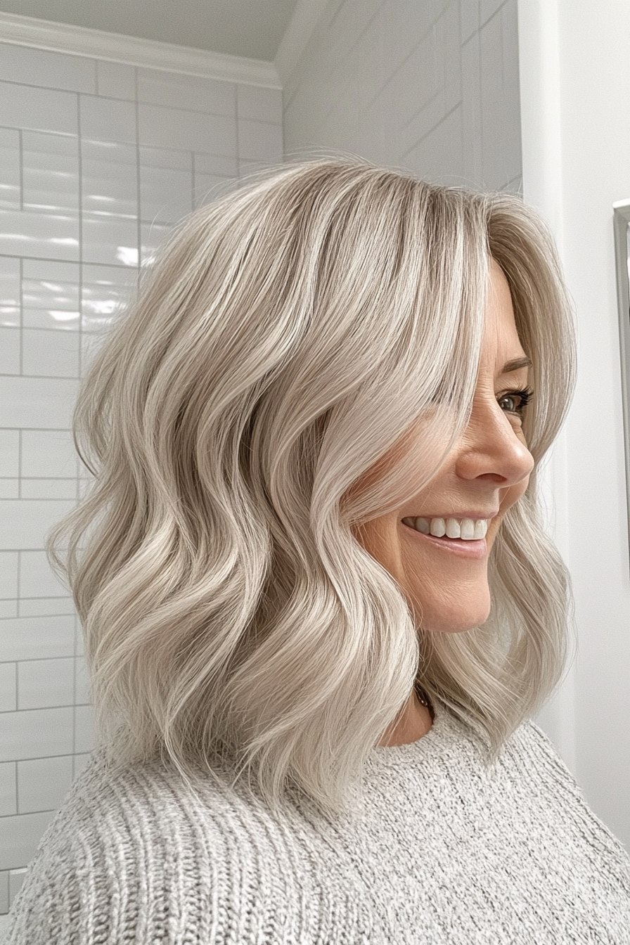19. Soft Layered Waves in Icy Platinum Blonde (Mid Length Haircuts For Women Over 50) - Mid Length Haircuts For Women Over 50