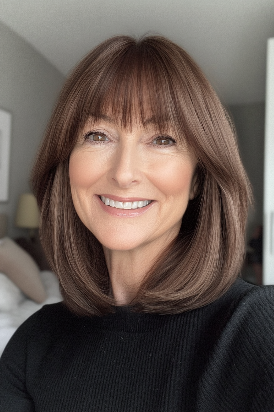 20. Rounded Lob with Soft Bangs in Chocolate Chestnut (Mid Length Haircuts For Women Over 50) - Mid Length Haircuts For Women Over 50