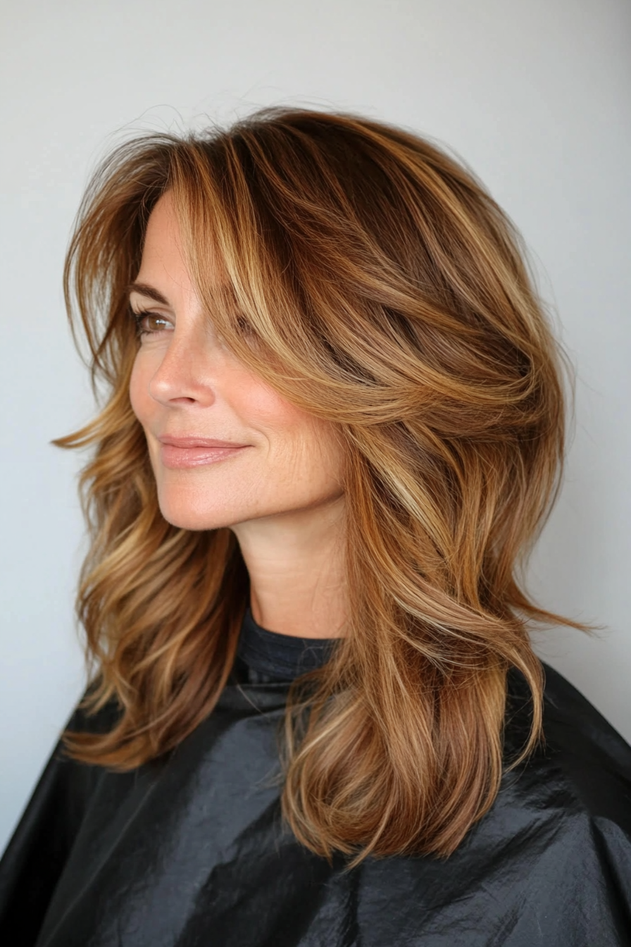 21. Effortless Beach Waves in Warm Honey Brunette (Mid Length Haircuts For Women Over 50) - Mid Length Haircuts For Women Over 50