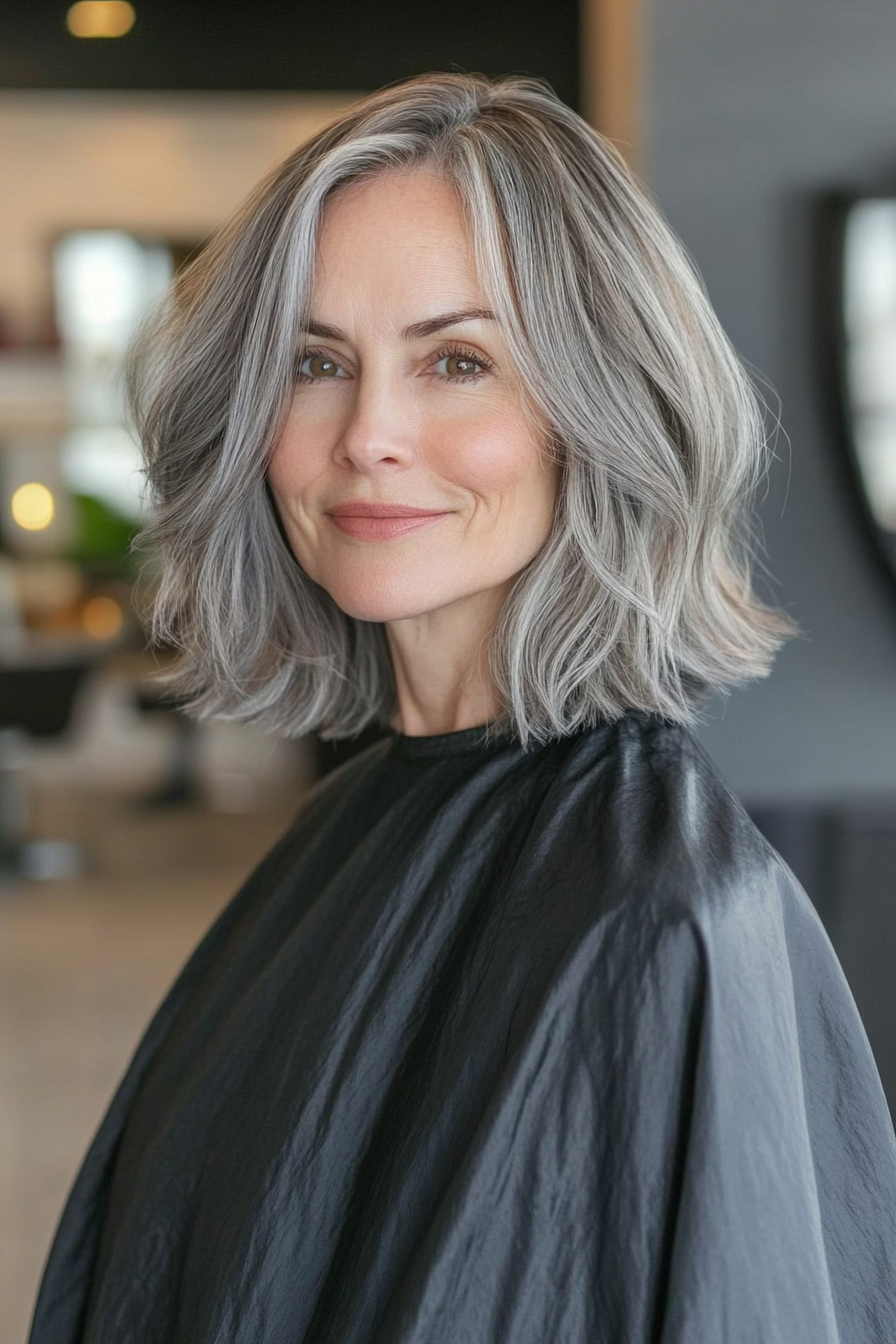 22. Shoulder-Length Choppy Layers in Natural Salt & Pepper (Mid Length Haircuts For Women Over 50) - Mid Length Haircuts For Women Over 50