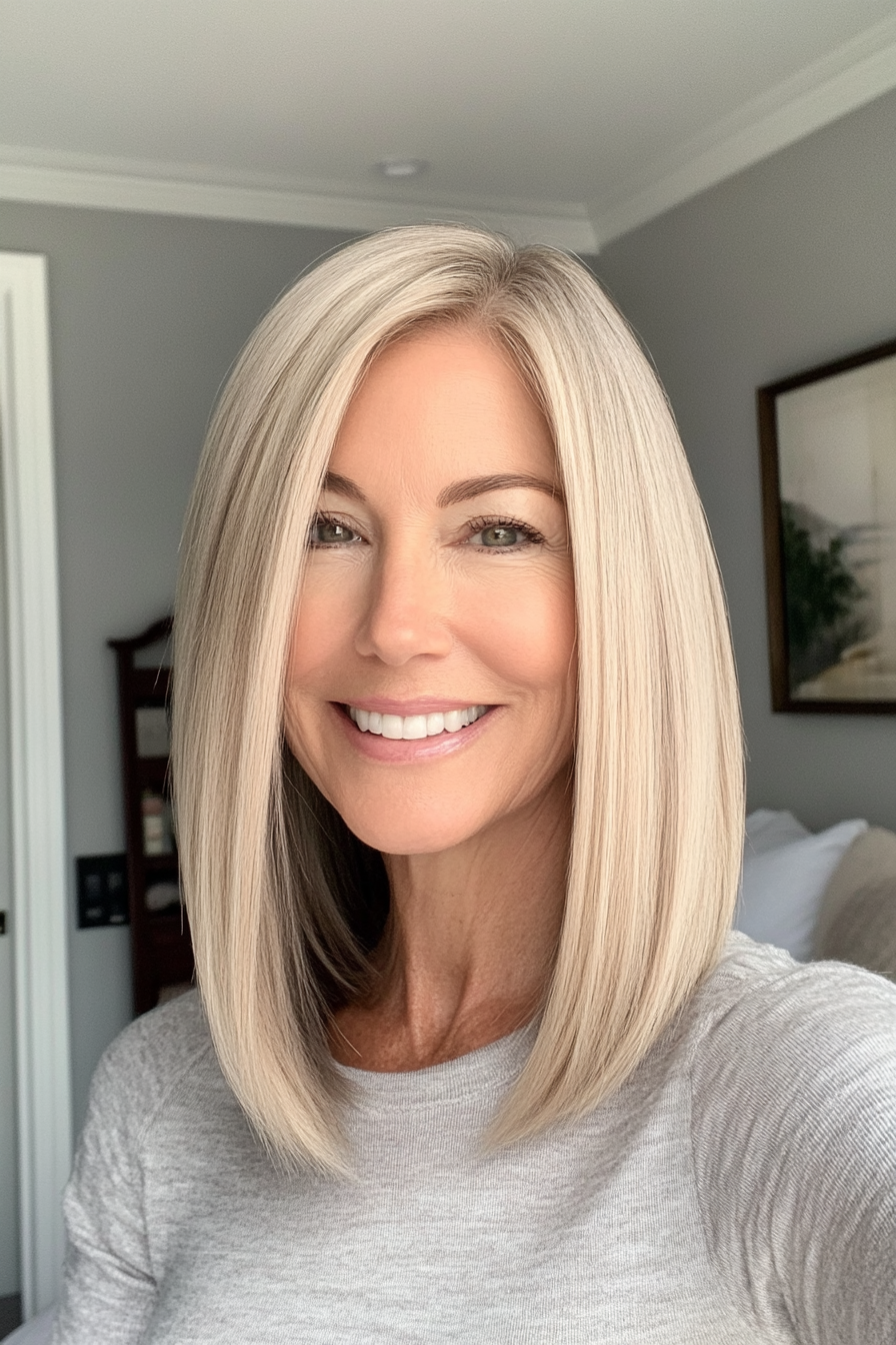 23. Straight Shoulder-Length Cut in Cool Beige Blonde (Mid Length Haircuts For Women Over 50) - Mid Length Haircuts For Women Over 50