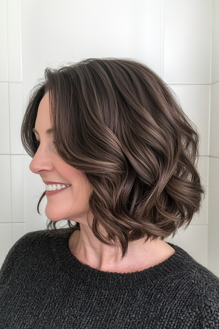 25. Wavy Shoulder-Length Cut in Classic Dark Brunette (Mid Length Haircuts For Women Over 50) - Mid Length Haircuts For Women Over 50