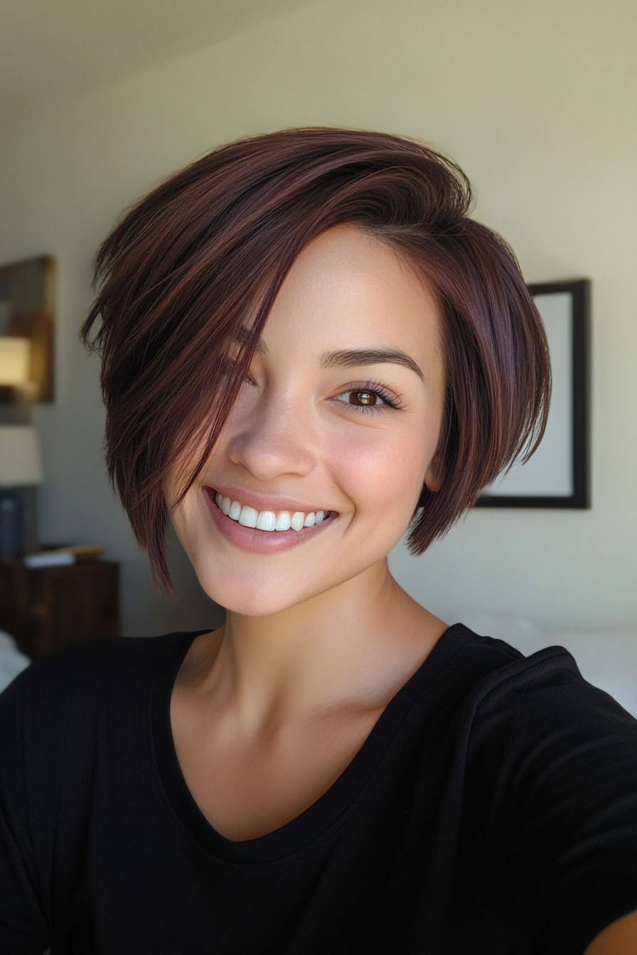 18. Mahogany Asymmetrical Pixie Bob (Pixie Bob Haircut Ideas) - Pixie Bob Haircut Ideas