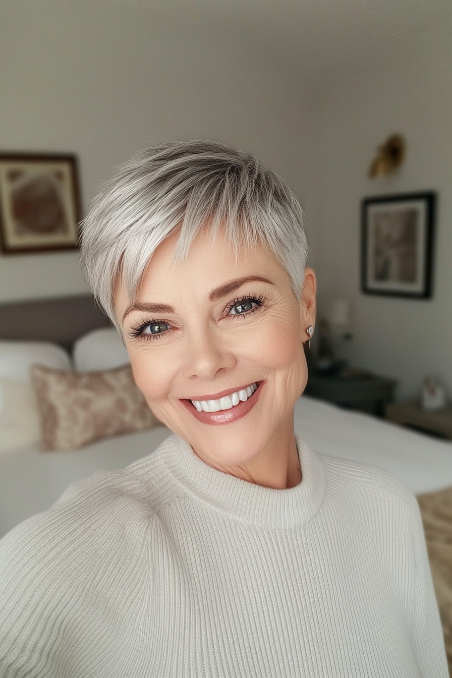 1. Soft Layered Pixie in Silver Ash (Short Haircuts For Women Over 60 With Thin Hair) - Short Haircuts For Women Over 60 With Thin Hair