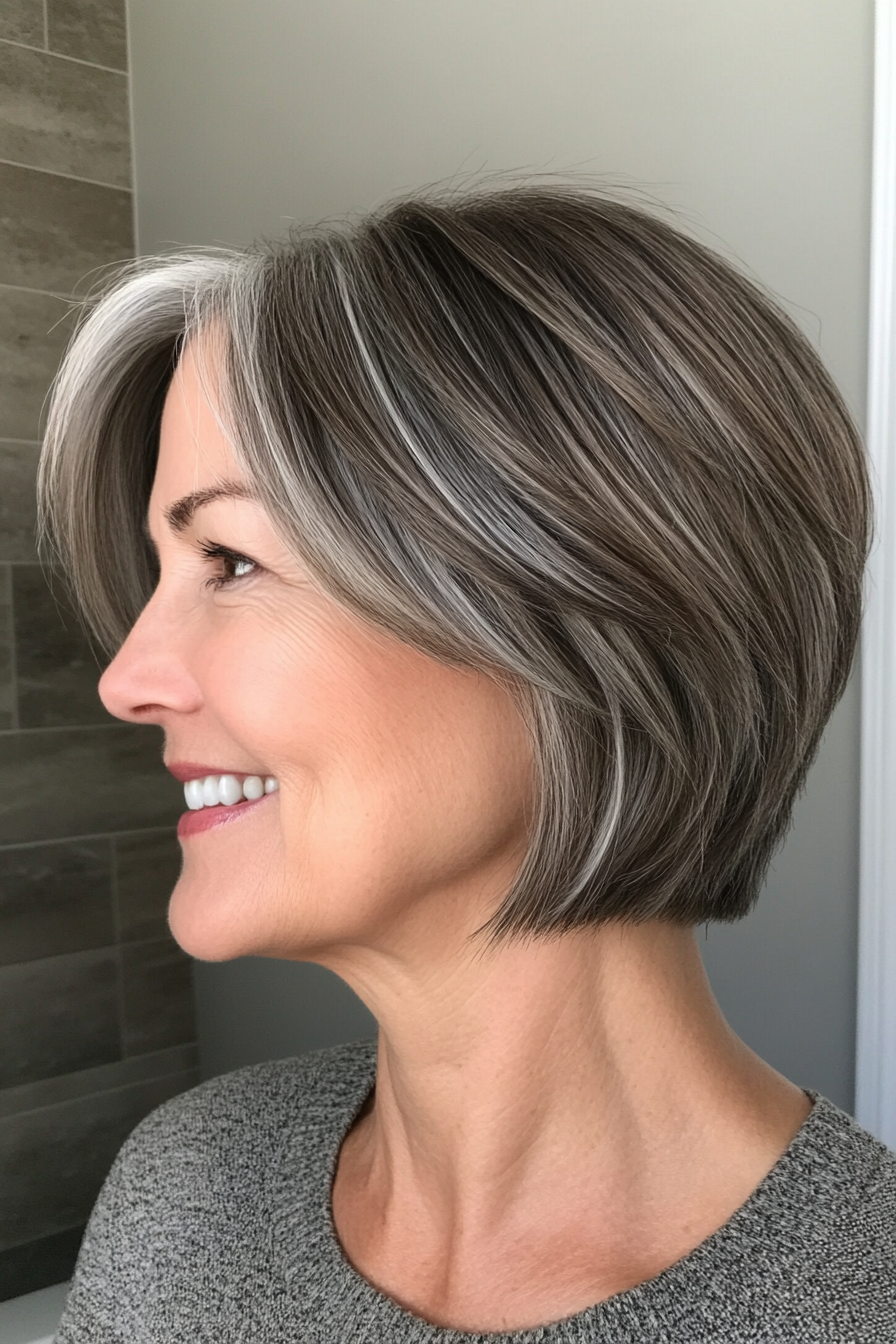 5. Neck-Length Layered Bob in Soft Salt-and-Pepper Blend (Short Haircuts For Women Over 60 With Thin Hair) - Short Haircuts For Women Over 60 With Thin Hair