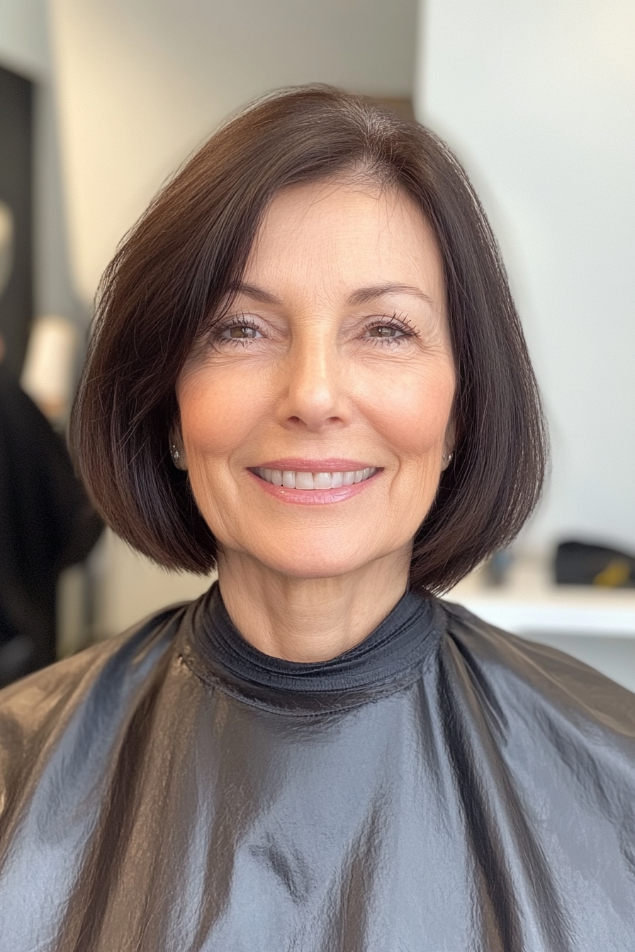 7. Classic French Bob in Natural Dark Brown (Short Haircuts For Women Over 60 With Thin Hair) - Short Haircuts For Women Over 60 With Thin Hair