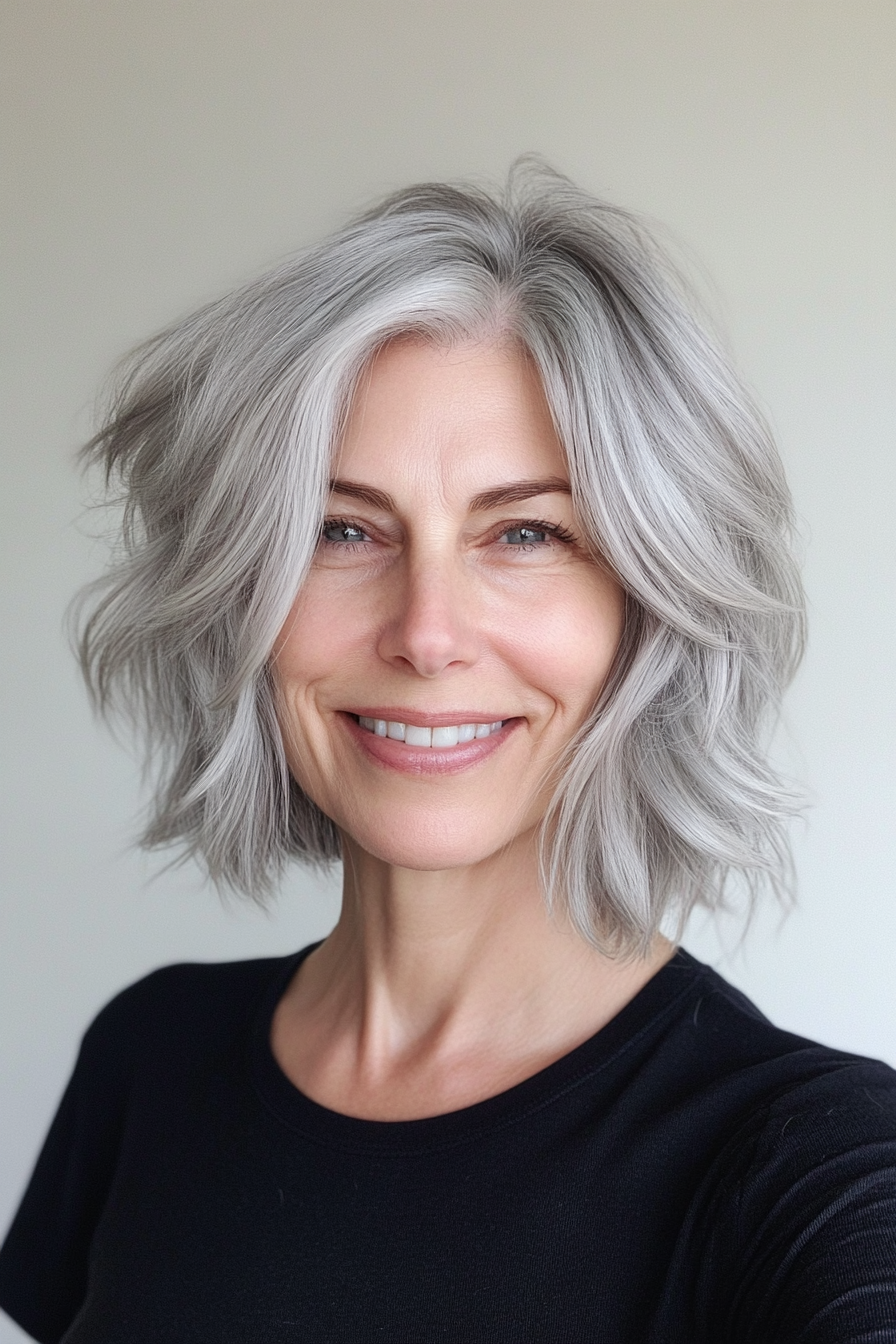 8. Layered Shaggy Bob in Smoky Gray (Short Haircuts For Women Over 60 With Thin Hair) - Short Haircuts For Women Over 60 With Thin Hair