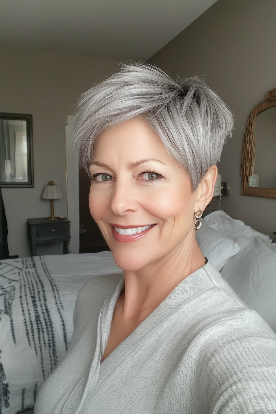 13. Ear-Length Choppy Pixie in Cool Slate Gray (Short Haircuts For Women Over 60 With Thin Hair) - Short Haircuts For Women Over 60 With Thin Hair