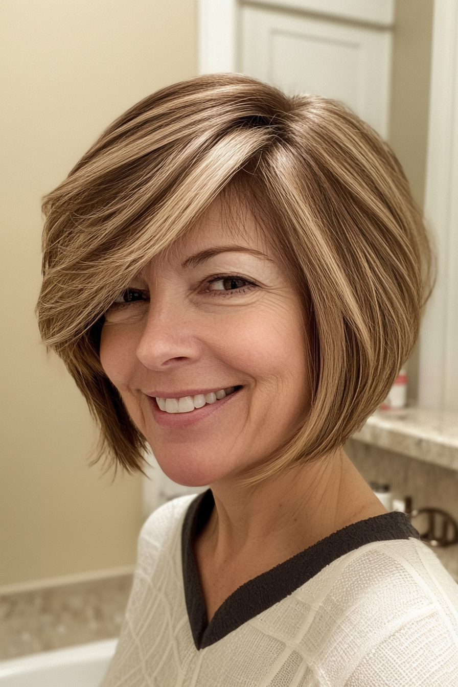 17. Short Feathered Bob in Warm Golden Brown (Short Haircuts For Women Over 60 With Thin Hair) - Short Haircuts For Women Over 60 With Thin Hair
