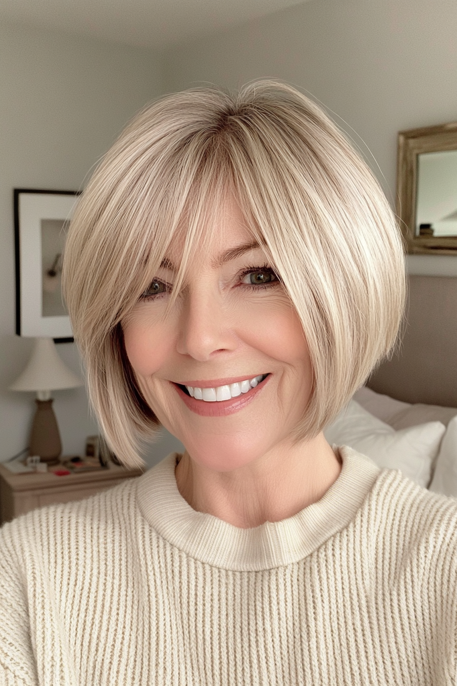 19. Soft Layered Bob with Bangs in Sandy Blonde (Short Haircuts For Women Over 60 With Thin Hair) - Short Haircuts For Women Over 60 With Thin Hair