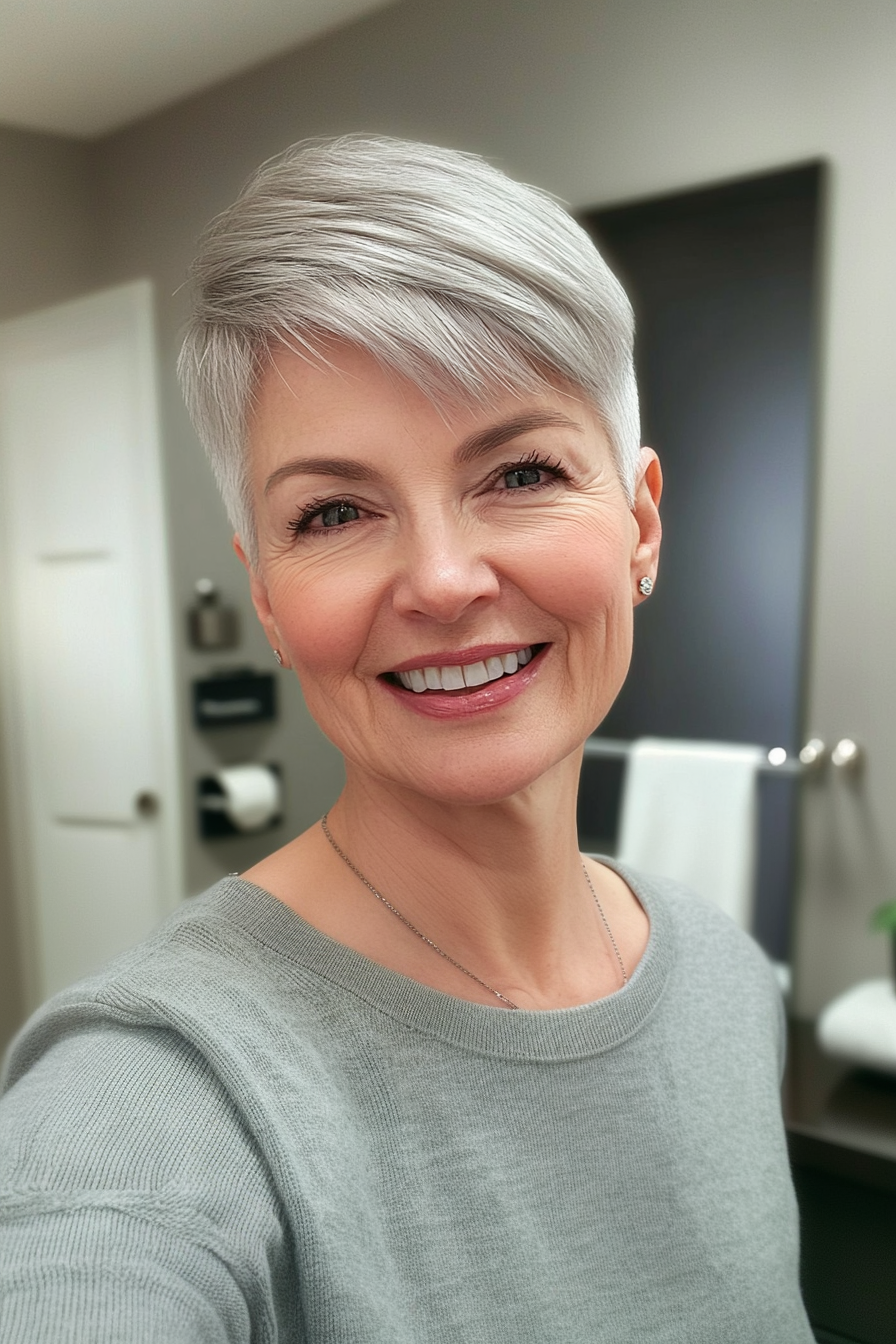 22. Modern Short Crop in Pearl Gray (Short Haircuts For Women Over 60 With Thin Hair) - Short Haircuts For Women Over 60 With Thin Hair