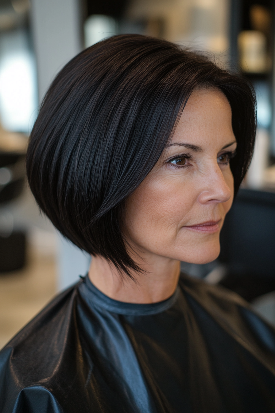 25. Short Angled Bob in Classic Jet Black (Short Haircuts For Women Over 60 With Thin Hair) - Short Haircuts For Women Over 60 With Thin Hair