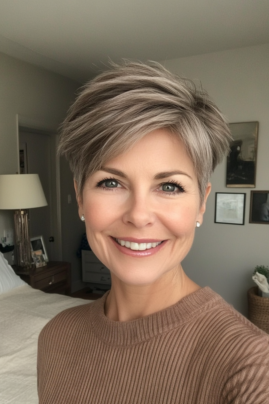 1. Soft Feathered Pixie in Ash Brown (Short Pixie Haircuts For Older Women) - Short Pixie Haircuts For Older Women