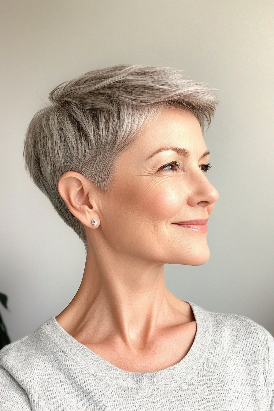 6. Sleek Salt-and-Pepper Pixie (Short Pixie Haircuts For Older Women) - Short Pixie Haircuts For Older Women