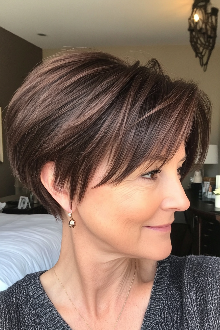 10. Side-Swept Pixie in Dark Chocolate Brown (Short Pixie Haircuts For Older Women) - Short Pixie Haircuts For Older Women