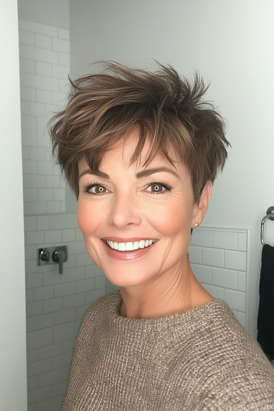 11. Pixie with Voluminous Top in Warm Caramel (Short Pixie Haircuts For Older Women) - Short Pixie Haircuts For Older Women