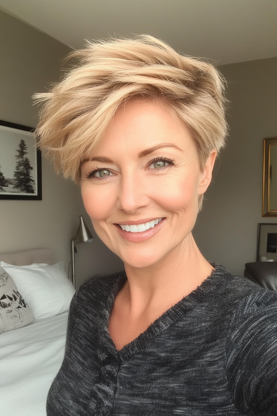 12. Choppy Pixie in Sandy Blonde (Short Pixie Haircuts For Older Women) - Short Pixie Haircuts For Older Women
