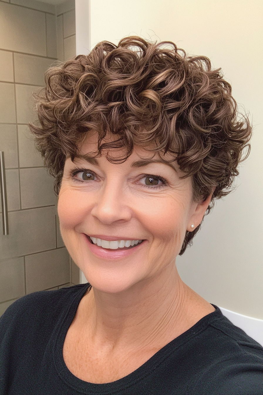 13. Curly Pixie in Soft Mocha Brown (Short Pixie Haircuts For Older Women) - Short Pixie Haircuts For Older Women