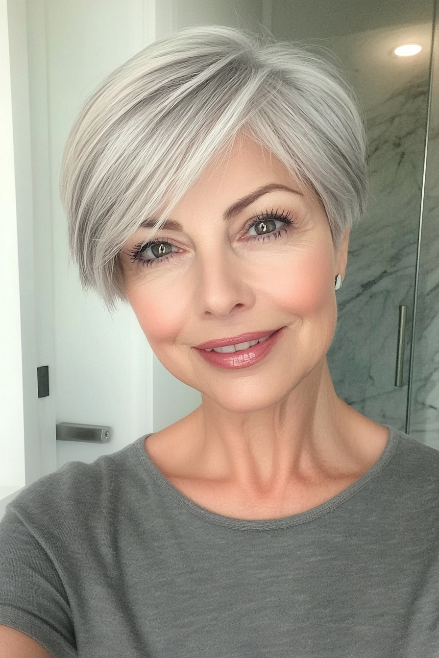 16. Pixie with Short Bangs in Natural Grey (Short Pixie Haircuts For Older Women) - Short Pixie Haircuts For Older Women