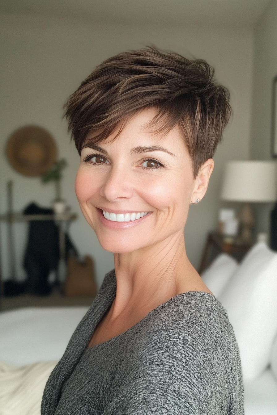 20. Boyish Pixie in Natural Brunette (Short Pixie Haircuts For Older Women) - Short Pixie Haircuts For Older Women