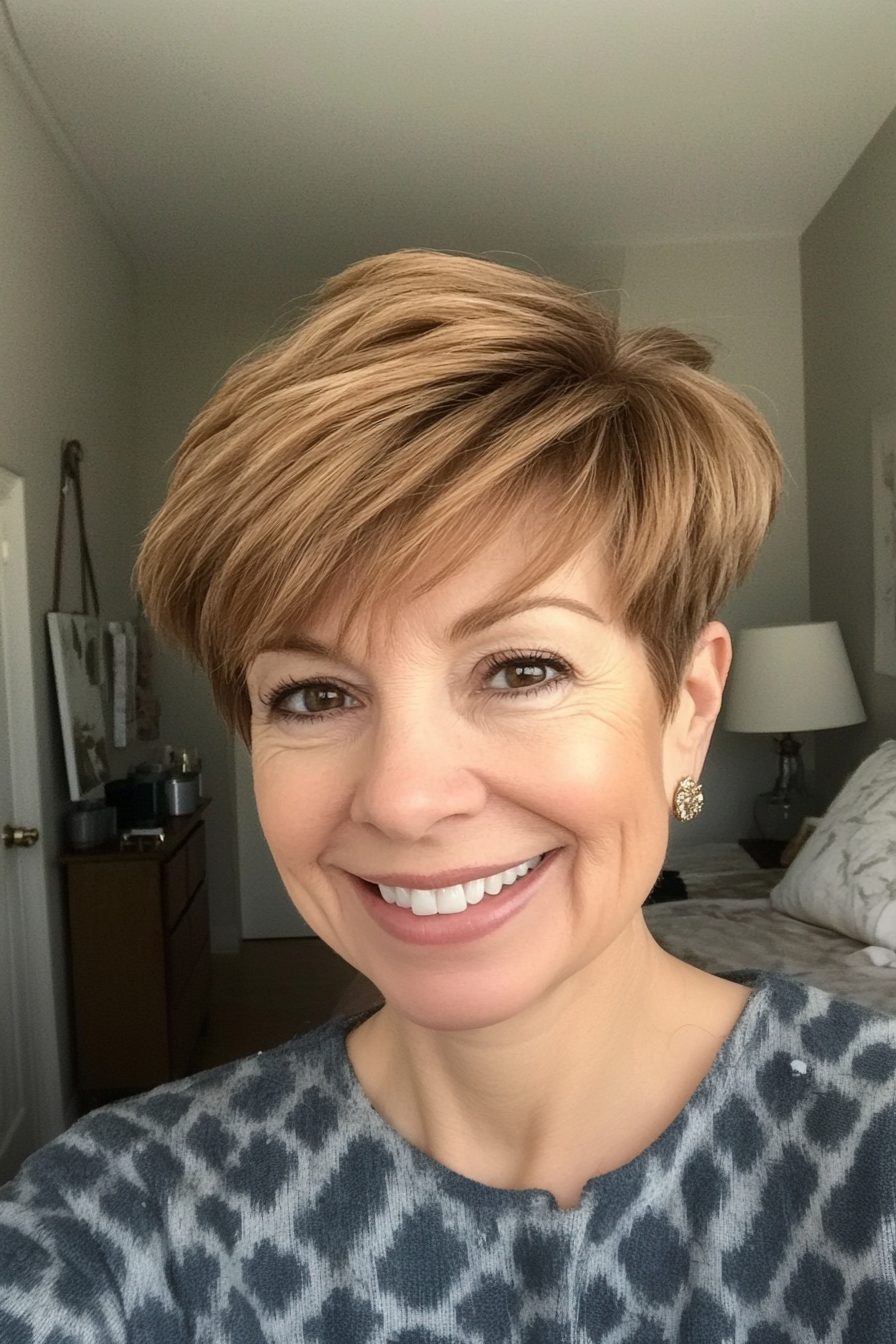 21. Rounded Pixie in Golden Honey Brown (Short Pixie Haircuts For Older Women) - Short Pixie Haircuts For Older Women
