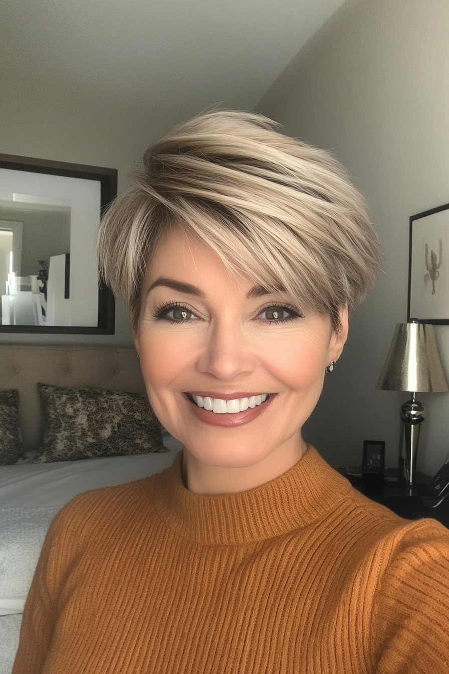 24. Swept-Back Pixie in Warm Sand Blonde (Short Pixie Haircuts For Older Women) - Short Pixie Haircuts For Older Women