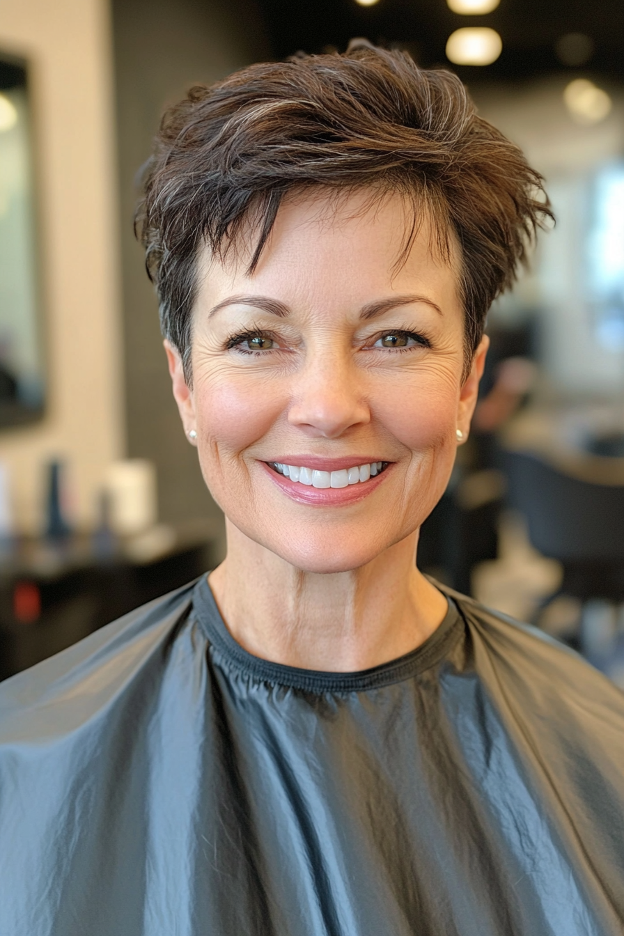 25. Short Cropped Pixie in Cool Dark Brown (Short Pixie Haircuts For Older Women) - Short Pixie Haircuts For Older Women