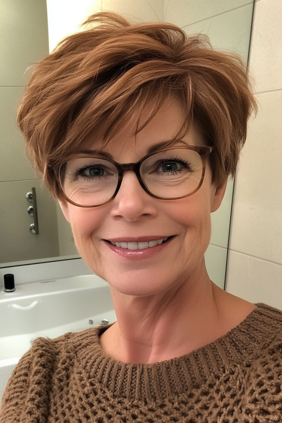 1. Feathered Pixie in Warm Chestnut (Haircuts For Women Over 60 With Glasses) - Haircuts For Women Over 60 With Glasses