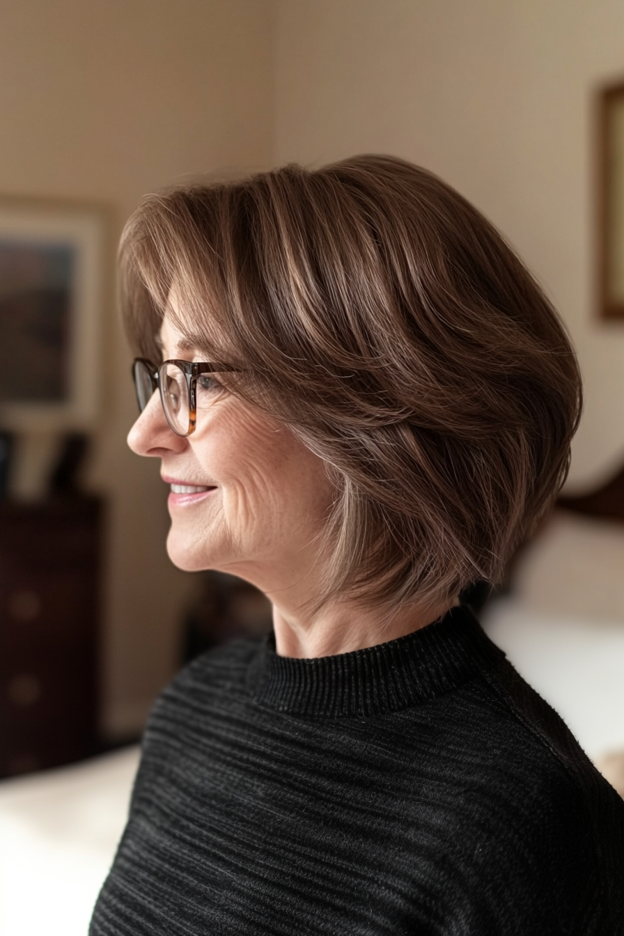 2. Layered Bob in Soft Ash Brown (Haircuts For Women Over 60 With Glasses) - Haircuts For Women Over 60 With Glasses