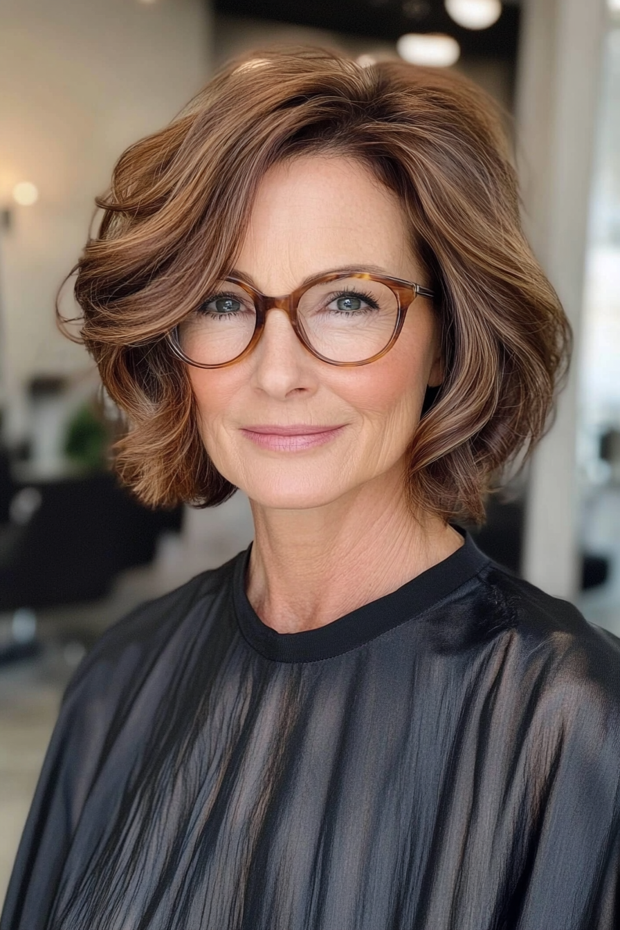 9. Textured Bob in Warm Brunette (Haircuts For Women Over 60 With Glasses) - Haircuts For Women Over 60 With Glasses