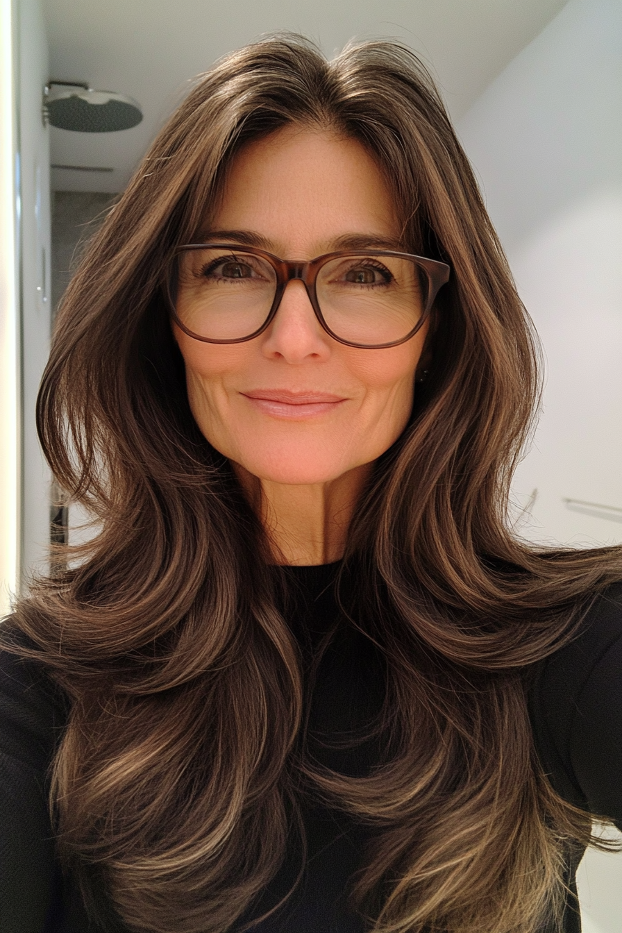 10. Long Layers in Dark Chocolate Brown (Haircuts For Women Over 60 With Glasses) - Haircuts For Women Over 60 With Glasses