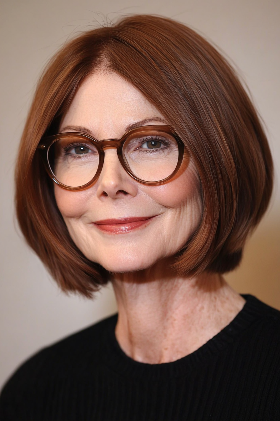 12. Inverted Bob in Copper Brown (Haircuts For Women Over 60 With Glasses) - Haircuts For Women Over 60 With Glasses